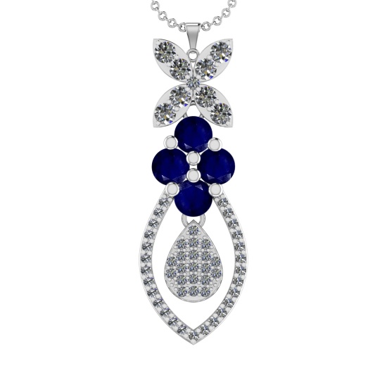 19.90Ctw VS/SI1 Blue Sapphire and Diamond 14K White Gold Necklace(ALL DIAMOND ARE LAB GROWN )
