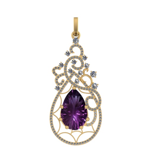 93.13 Ctw SI2/SI1 Amethyst and Diamond Prong Set 14k Yellow Gold Pendant (ALL DIAMOND ARE LAB GROWN
