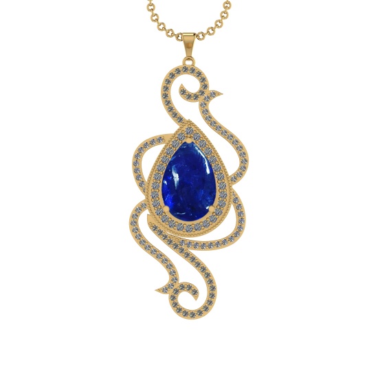 31.58 Ctw VS/SI1 Tanzanite and Diamond 14k Yellow Gold Pendant Necklace(ALL DAMONDS ARE LAB GROWN)