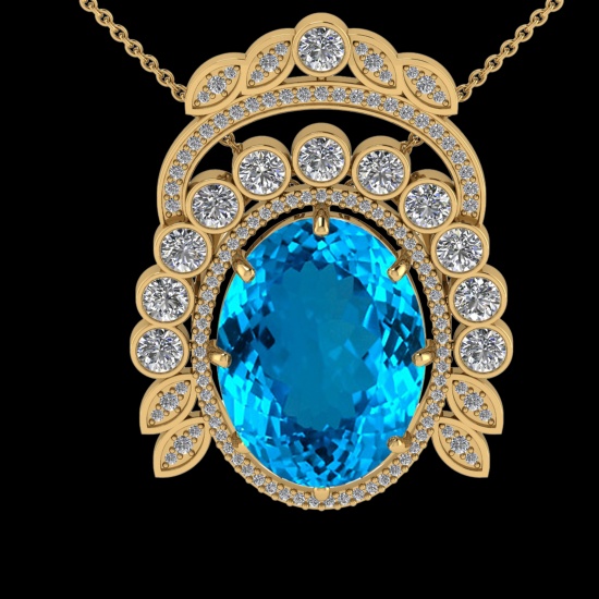 46.50 Ctw VS/SI1 Blue Topaz and Diamond 14K Yellow Gold Pendant (ALL DAMONDS ARE LAB GROWN)