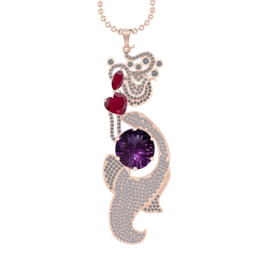 27.19 Ctw VS/SI1 Ruby,Amethyst and Diamond Prong Set 14k Rose Gold Pendant (ALL DIAMOND ARE LAB GROW
