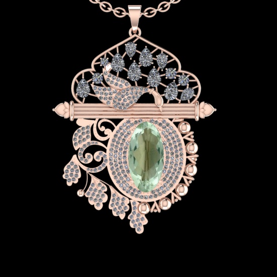 22.47 Ctw VS/SI1 Green Amethyst And Diamond 14K Rose Gold Necklace( ALL DIAMOND ARE LAB GROWN )