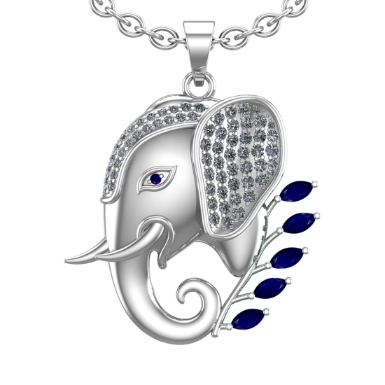1.99 Ctw VS/SI1 Blue Sapphire and Diamond 14k white Gold Animal theme Elephant Pendant (ALL DIAMOND