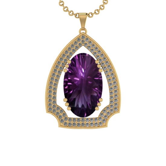 63.50 Ctw VS/SI1 Amethyst and Diamond Prong Set 14k Yellow Gold Pendant (ALL DIAMOND ARE LAB GROWN )