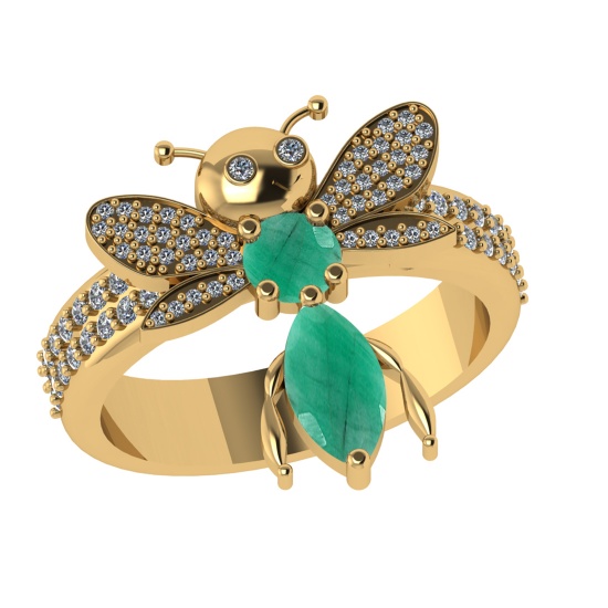 1.31 Ctw VS/SI1 Emerald and Diamond 14k Yellow Gold Bees theme Ring (ALL DIAMOND ARE LAB GROWN) (ALL