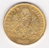 Austria gold 8 florin 20 francs 1892