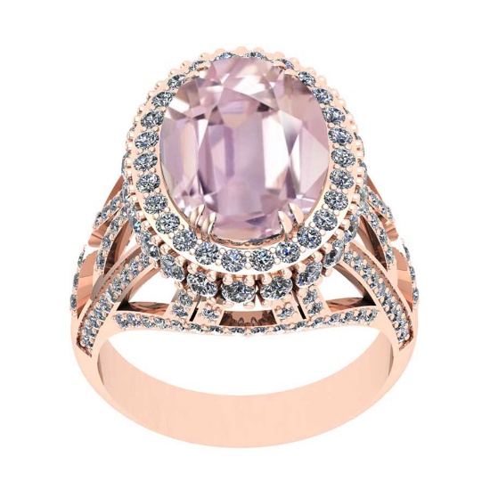 8.84 Ctw VS/SI1 Kunzite and Diamond 14K Rose Gold Engagement Ring (ALL DIAMOND ARE LAB GROWN)