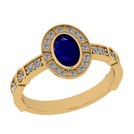 1.07 Ctw VS/SI1 Blue Sapphire And Diamond 14K Yellow Gold Wedding Ring