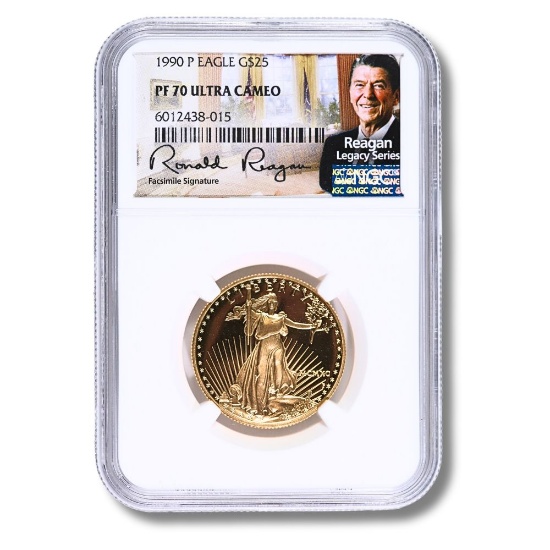 Certified Proof American Gold Eagle $25 1990-P PF70 Ultra Cameo NGC Ronald Regan Sig.