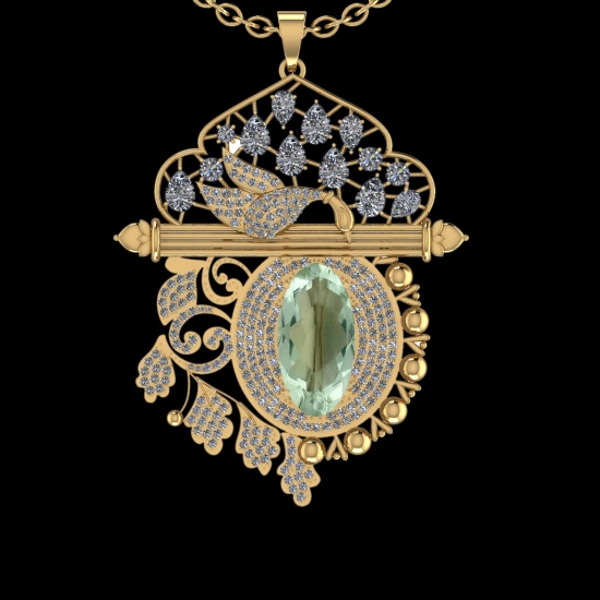 22.47 Ctw VS/SI1 Green Amethyst And Diamond 14K Yellow Gold Necklace( ALL D
