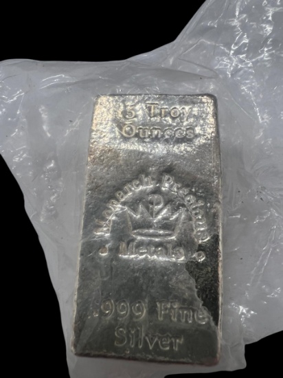 5 oz Monarch Precious Metals 5 Troy Ounce .999 Fine Silver Poured Bar
