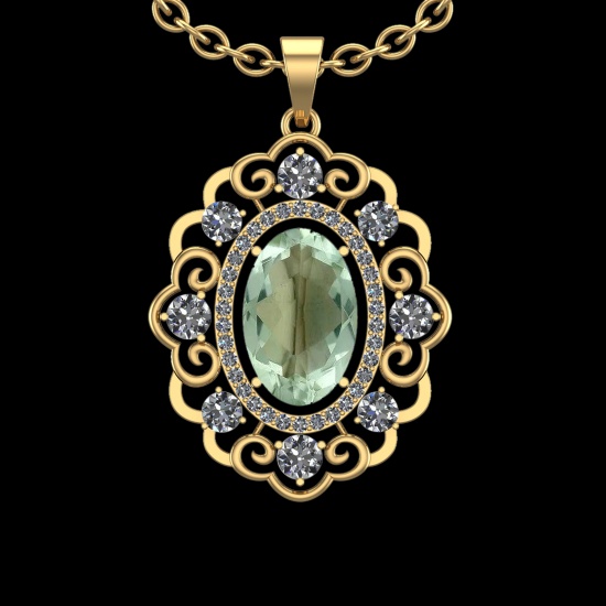 20.23 Ctw VS/SI1 Green Amethyst And Diamond 14K Yellow Gold Necklace( ALL D