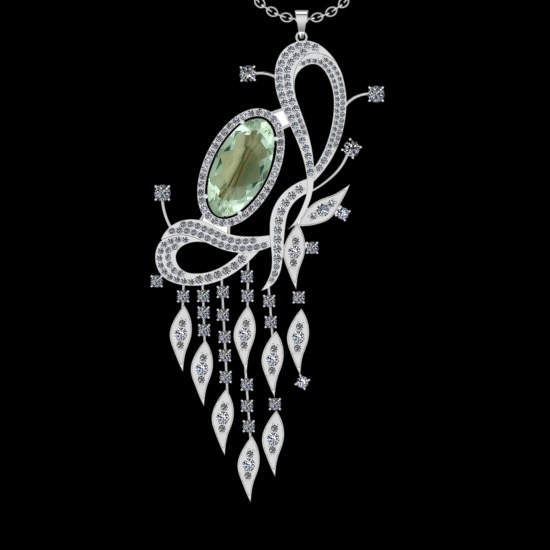 22.71 Ctw VS/SI1 Green Amethyst And Diamond 14K White Gold Necklace( ALL DI