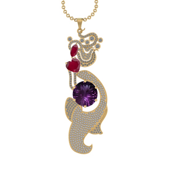 27.19 Ctw VS/SI1 Ruby,Amethyst and Diamond Prong Set 14k Yellow Gold Pendan