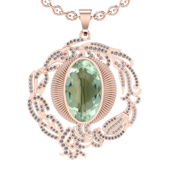 22.03 Ctw I2/I3 Green Amethyst And Diamond 10K Rose Gold Necklace(ALL DIAMO