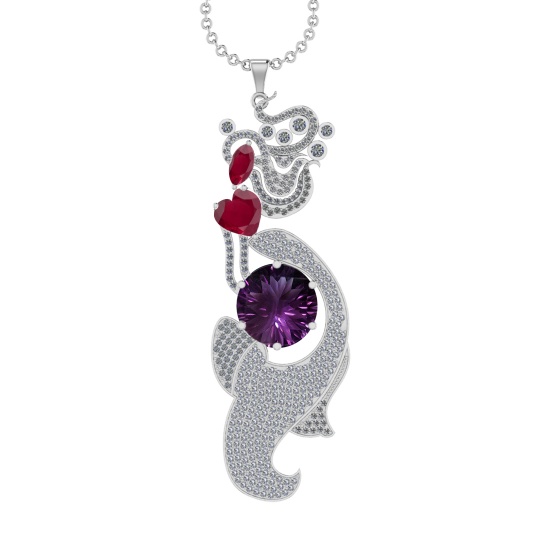 27.19 Ctw VS/SI1 Ruby,Amethyst and Diamond Prong Set 14k White Gold Pendant