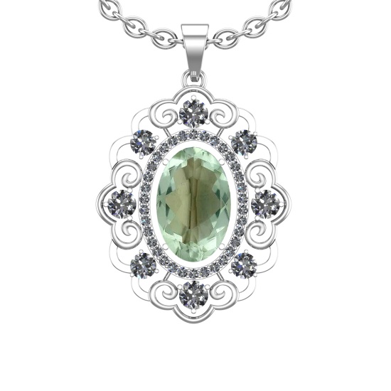 20.23 Ctw I2/I3 Green Amethyst And Diamond 10K White Gold Necklace(ALL DIAM