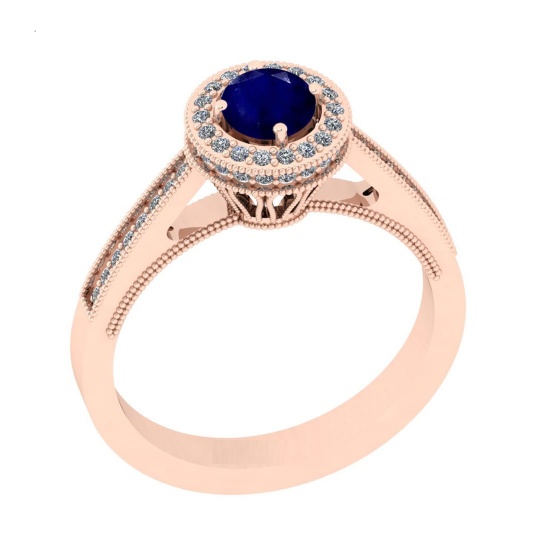 0.82 Ctw VS/SI1 Blue Sapphire And Diamond 14K Rose Gold Engagement Halo Rin