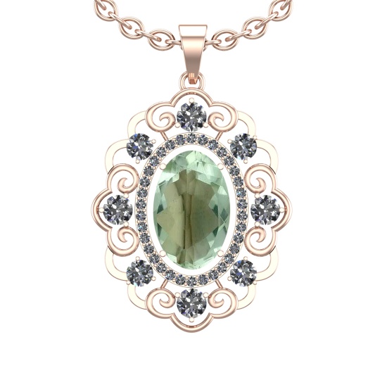 20.23 Ctw VS/SI1 Green Amethyst And Diamond 14K Rose Gold Necklace (ALL DIA