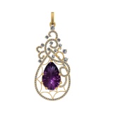 93.13 Ctw SI2/SI1 Amethyst and Diamond Prong Set 14k Yellow Gold Pendant (A