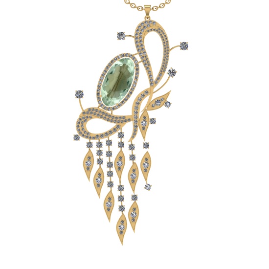 22.71 Ctw I2/I3 Green Amethyst And Diamond 10K Yellow Gold Necklace(ALL DIA