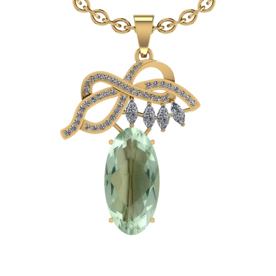 16.99 Ctw I2/I3 Green Amethyst And Diamond 10K Yellow Gold Necklace(ALL DIA