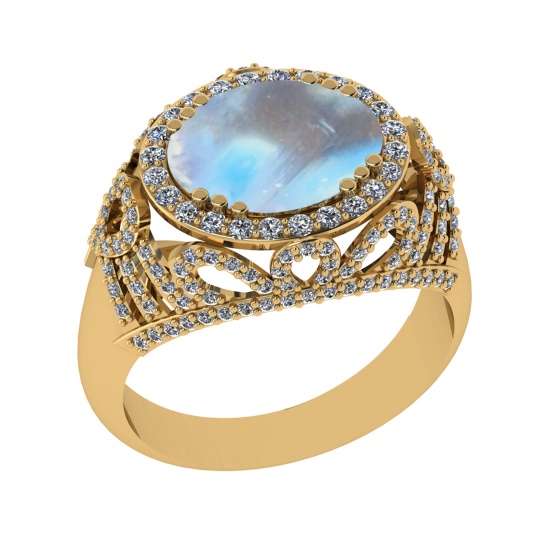 6.39 Ctw I2/I3 Rainbow Moonstone And Diamond 10K Yellow Gold Engagement Rin