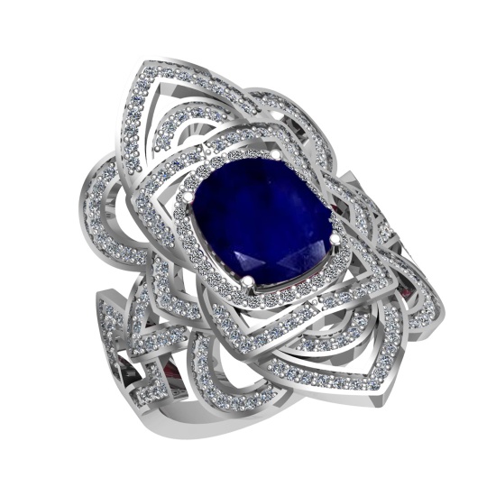 3.40 Ctw VS/SI1 Blue Sapphire and Diamond 14k White Gold Engagement Halo Ri