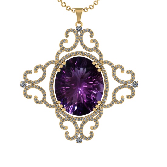 51.34 Ctw VS/SI1 Amethyst and Diamond 14K Yellow Gold Pendant (ALL DIAMOND