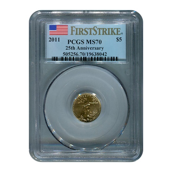 Certified American $5 Gold Eagle 2011 MS70 PCGS First Strike 25th Anniversa