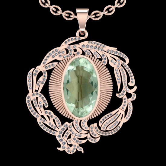 22.03 Ctw VS/SI1 Green Amethyst And Diamond 14k Rose Gold Pendant Neklace(