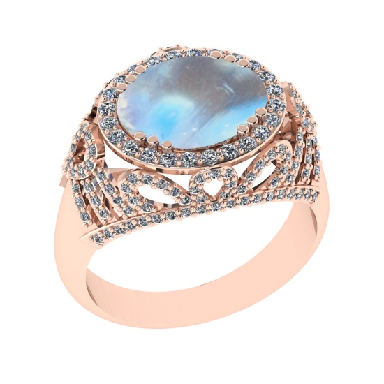 6.39 Ctw I2/I3 Rainbow Moonstone And Diamond 10K Rose Gold Engagement Ring(