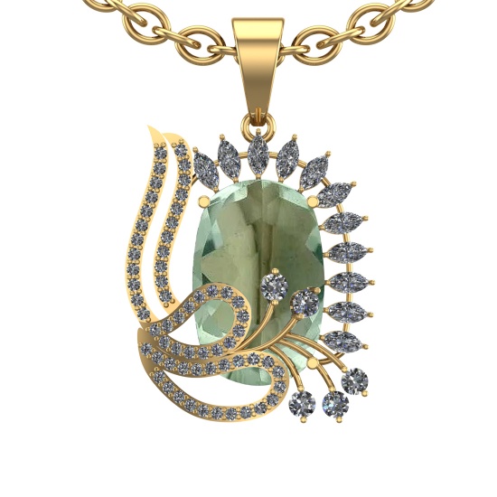20.43 Ctw I2/I3 Green Amethyst And Diamond 10K Yellow Gold Necklace(ALL DIA