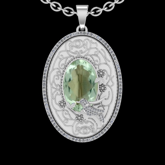 15.54 Ctw VS/SI1 Green Amethyst And Diamond 14k White Gold Pendant Neklace(