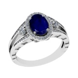 1.61 Ctw VS/SI1 Blue Sapphire and Diamond 14k White Gold Engagement Halo Ri