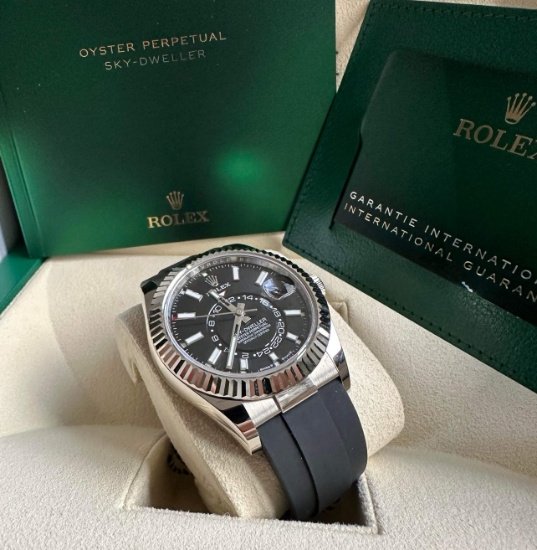 Brand New Rolex 18k White Gold Black Dial SkyDweller on Oysterflex Comes wi