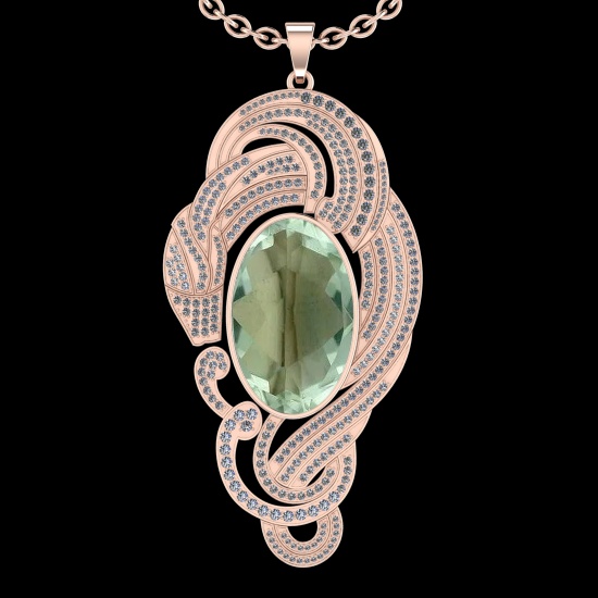 60.60 Ctw VS/SI1 Green Amethyst And Diamond 14k Rose Gold Pendant Neklace(