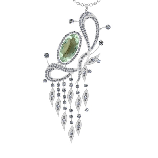 22.71 Ctw I2/I3 Green Amethyst And Diamond 10K White Gold Necklace(ALL DIAM