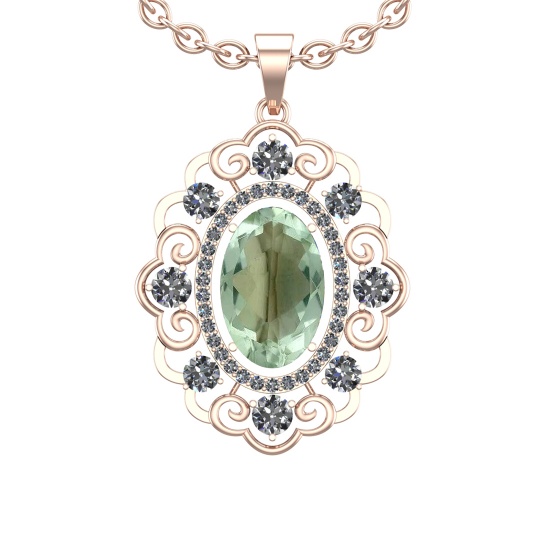 20.23 Ctw I2/I3 Green Amethyst And Diamond 10K Rose Gold Necklace(ALL DIAMO