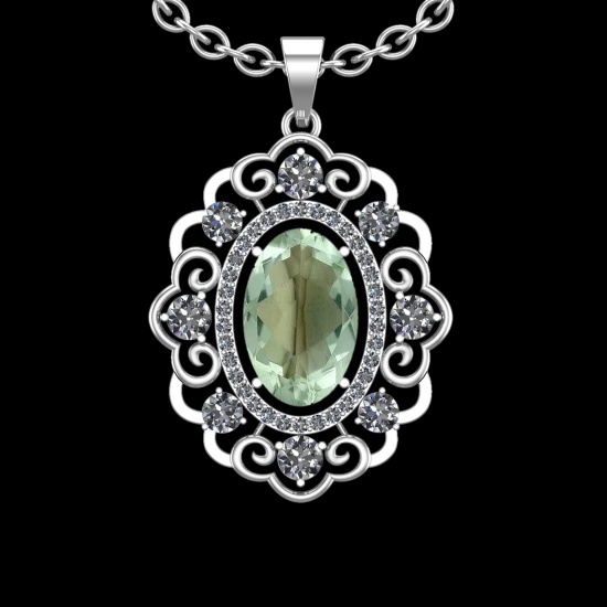 20.23 Ctw VS/SI1 Green Amethyst And Diamond 14K White Gold Necklace( ALL DI