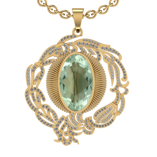 22.03 Ctw I2/I3 Green Amethyst And Diamond 10K Yellow Gold Necklace(ALL DIA