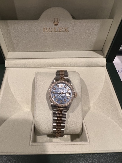 Custom 26mm Blue Mother of Pearl Dial Two-Tone Rolex w/Diamond Bezel (G-H,