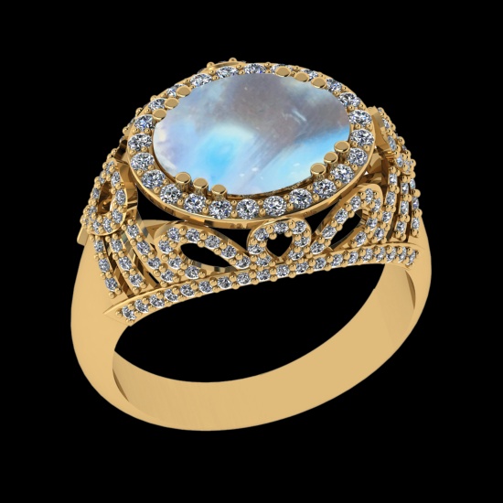 6.39 Ctw VS/SI1 Rainbow Moonstone And Diamond 14K Yellow Gold Engagement Ri