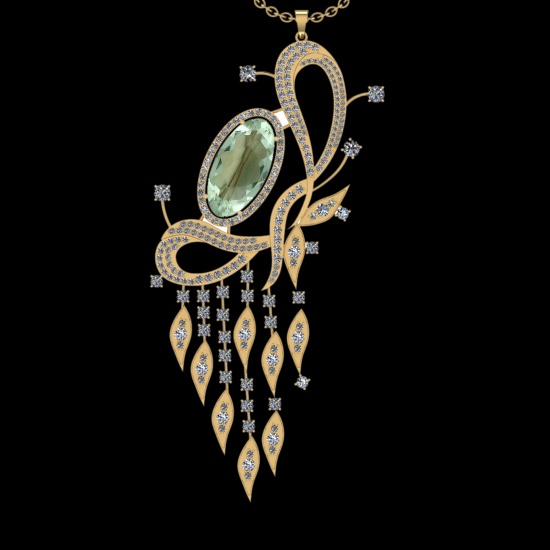 22.71 Ctw VS/SI1 Green Amethyst And Diamond 14K Yellow Gold Necklace( ALL D