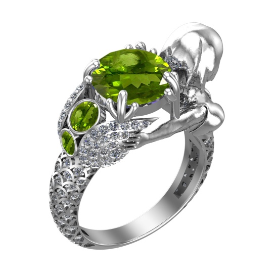 4.92 Ctw VS/SI1 Peridot and Diamond Set 10K white Gold Engagement Ring (ALL