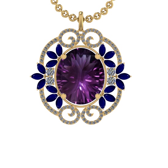 40.84 Ctw VS/SI1 Amethyst,Blue Sapphire and Diamond 14K Yellow Gold Pendant