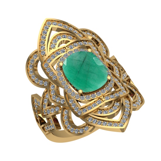 3.40 Ctw VS/SI1 Emerald and Diamond 14k Yellow Gold Engagement Halo Ring (L