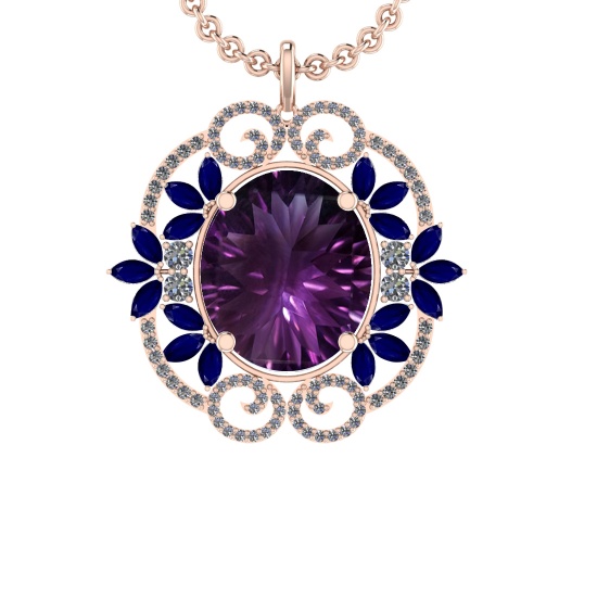40.84 Ctw VS/SI1 Amethyst,Blue Sapphire and Diamond 14K Rose Gold Pendant