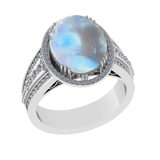 5.95 Ctw I2/I3 Rainbow Moonstone And Diamond 10K White Gold Engagement Ring