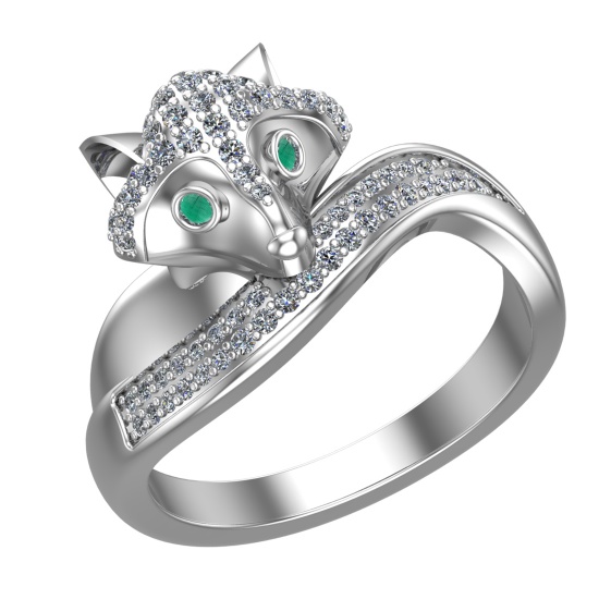 0.52 Ctw VS/SI1 Emerald and Diamond 14k white Gold Animal theme Fox Ring (A